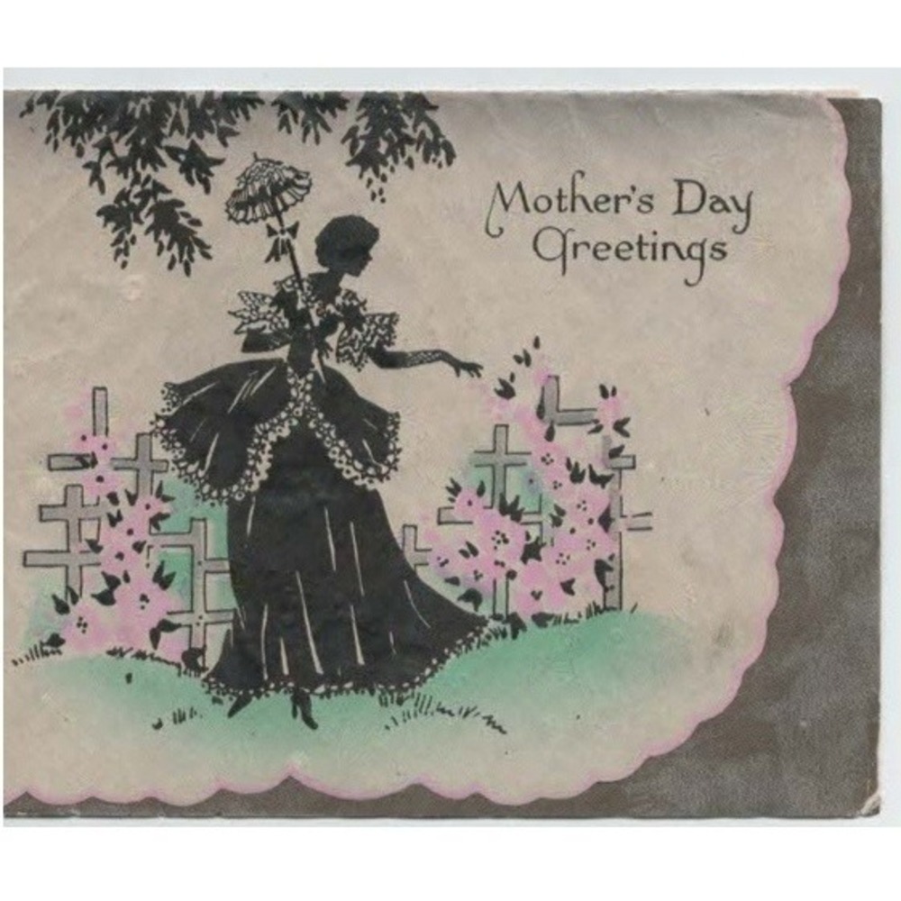 Vintage Silhouette Mothers Day Greeting Card Victorian Lady Parasol Garden VG - Picture 1 of 2